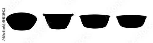 set of four minimalist black kitchen colanders isolated on white background