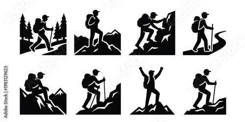 Hiking and mountaineering icons set, black silhouette of hikers with backpacks and trekking poles, 8 outdoor adventure vector elements for travel