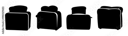 set of four modern black toasters on white background minimalist kitchen appliances