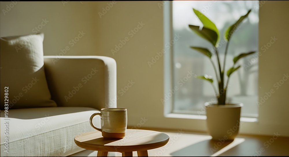 Fototapeta premium A serene living room with a cup of coffee on a small table
