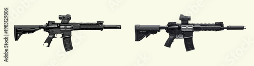 vector template A single conceptual tactical modular assault rifle, black polymer and metallic textures, detailed receiver, attached suppressor, holographic sight, laser pointer