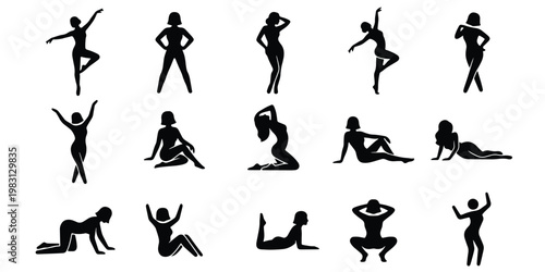 Quadro su tela Black female silhouettes in various poses, set of 15 woman body icons, elegant f