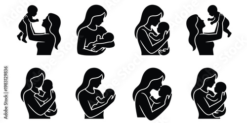 Mother and baby silhouette icons, set of 8 vector elements, maternal love and childcare symbols, black and white parenting graphics for logos