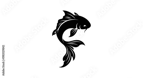 Black Koi Fish Silhouette, Japanese Carp, Swimming, Elegant, Isolated on White