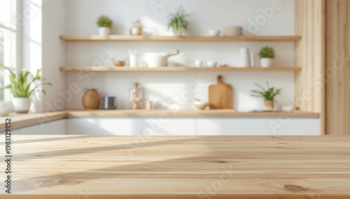 Bright modern kitchen with wooden countertop, white walls, open shelves, ceramic bowls, plants, and soft natural window light in a clean minimalist interior