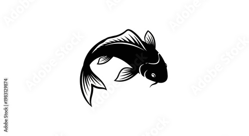 Black Silhouette Koi Fish Swimming Isolated on White Background