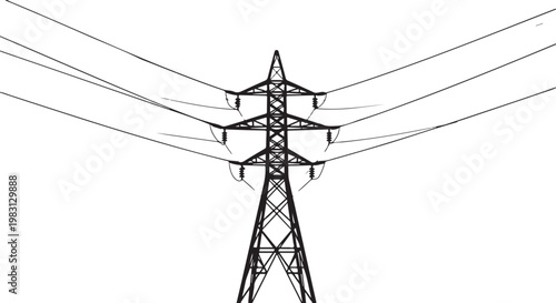 Electricity, power transmission tower, high voltage lines, energy infrastructure isolated PNG with Transparent Background