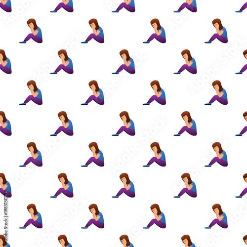 Repeating pattern of a sad young woman sitting and holding her head