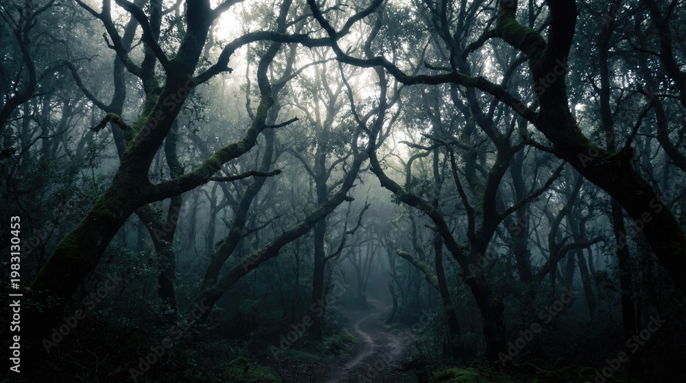 Naklejka premium A dirt road winding through dense forest foliage
