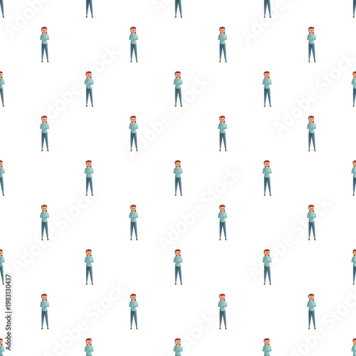 Cartoon woman standing with folded arms creating a seamless repeating pattern on white background