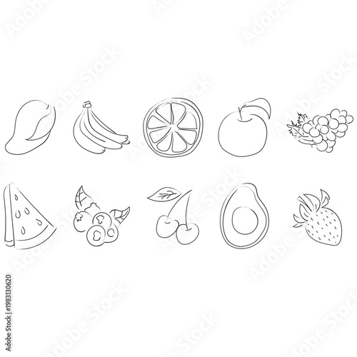 Sketchy Handdrawn Assorted Fruit Illustration Food Set Outline Simple Design