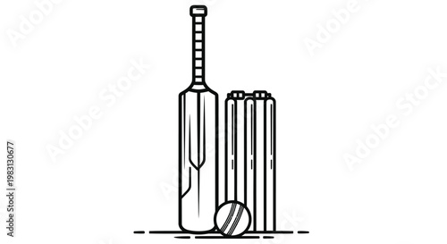 A simple black and white illustration of a cricket bat stumps and ball