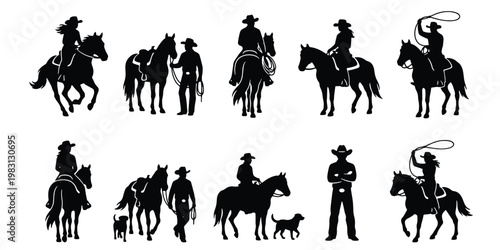 Cowboy and horse silhouette collection, western rancher and equestrian rider vector set, wild west rodeo characters with lasso and dogs