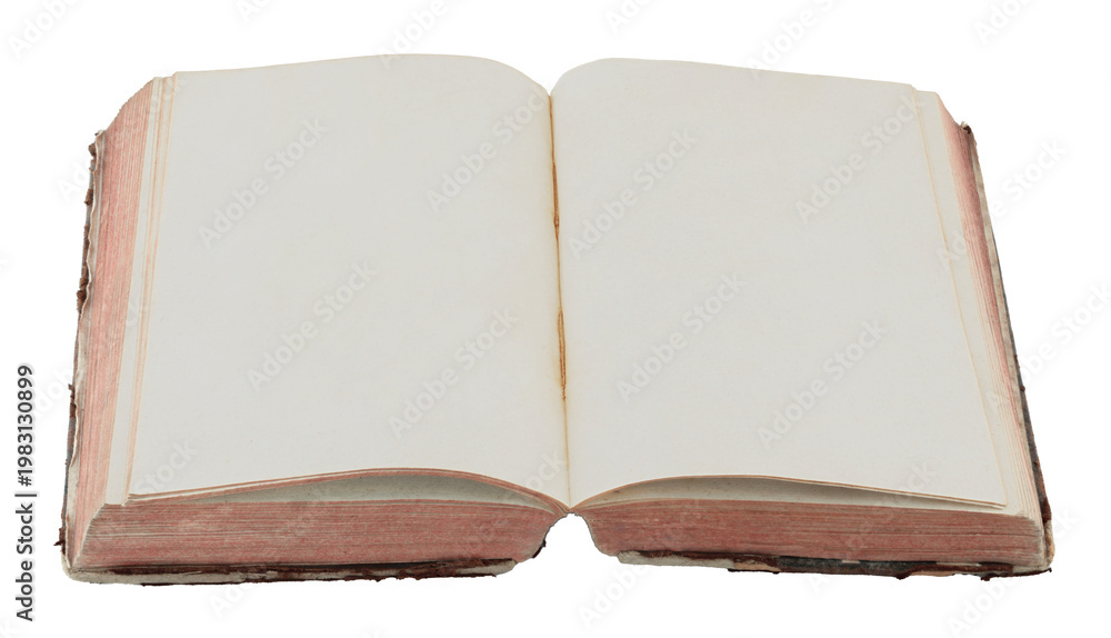 Fototapeta premium Open antique book showing blank aged pages, isolated on transparent background. Ideal for historical, educational, or design projects