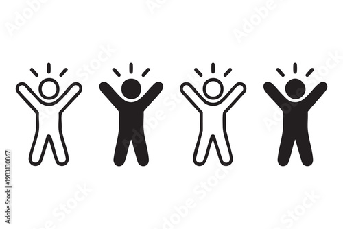 Motivation icons, people celebrating success, goal achievement and positive energy visuals