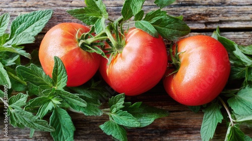Fresh Organic Tomatoes with Mint Leaves on Rustic Wooden Surface
