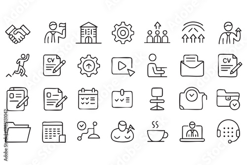 Business office line icons for workflow management, corporate operations and productivity systems