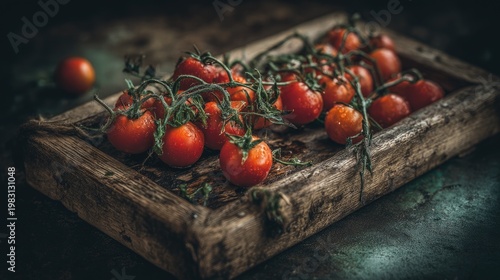 Fresh Cherry Tomatoes on Rustic Wooden Tray with Green Stems