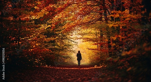 A person walking alone on a serene forest path during autumn