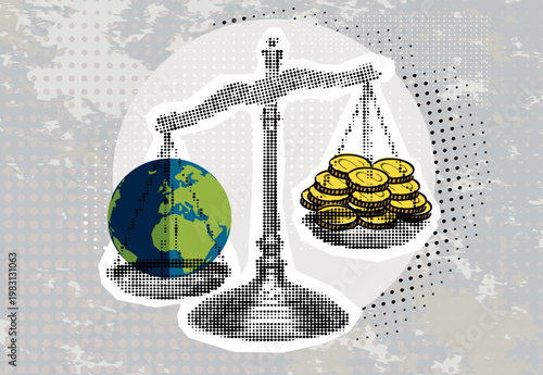 Trendy Halftone Collage with Weight scale with money on one side and planet Earth on the other. 