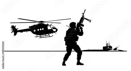 Military Helicopter, Soldier with Rifle, and Submarine in Combat Scene