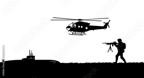 Military Helicopter, Submarine, and Soldier Silhouette - War and Defense Concept
