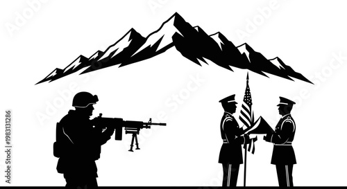 Military Honor Guard with Soldier and Mountains Silhouette
