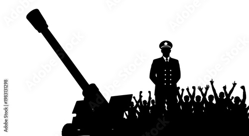 Military Leader with Cannon and Cheering Crowd Silhouette