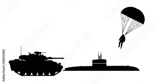 Military Paratrooper Jumps Over Submarine and Tank Silhouette