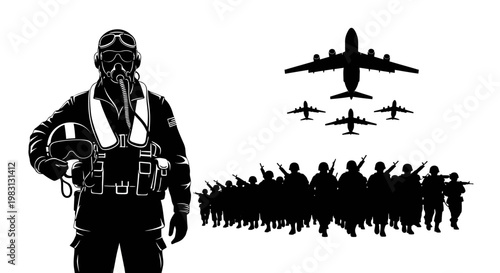 Military Pilot Silhouette with Airplanes and Soldiers Formation