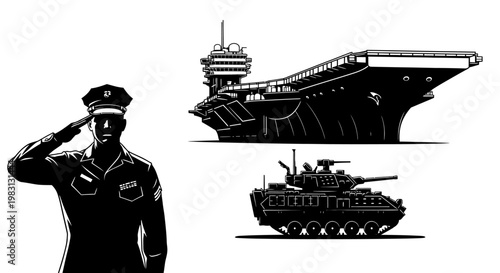 Military Salute: Soldier, Aircraft Carrier, and Tank - Vector Illustration
