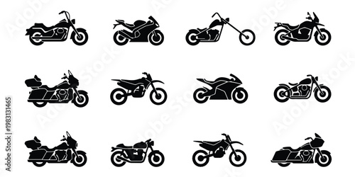 Black motorcycle silhouette icons set, 12 vector motorbike symbols including chopper and sport bike, transport and racing bike collection for web design