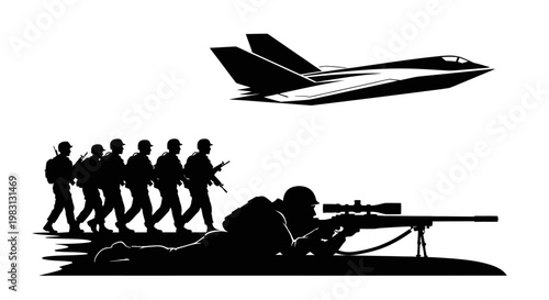 Military Sniper Team and Fighter Jet Silhouette - Combat and Air Support