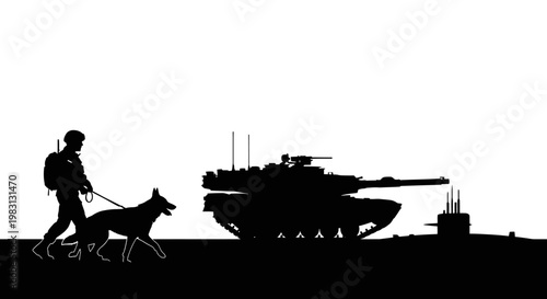 Military Soldier and Dog Patrol Beside Tank and Submarine Silhouette