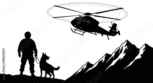 Military Soldier and Dog with Helicopter in Mountain Rescue Operation