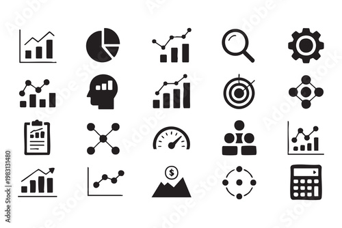 Business performance icons, analytics data, KPI tracking and financial reporting symbols
