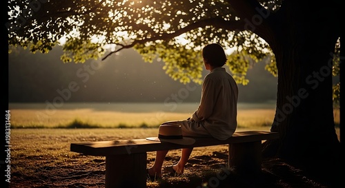 A serene woman sitting on a bench under a tree at sunset