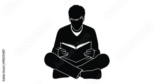 Minimalist vector graphic illustration of a young man sitting on the floor while quietly reading a book during his peaceful study time at home today