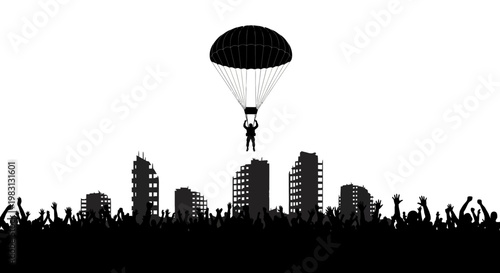 Parachutist Descends Over City Skyline with Cheering Crowd Silhouette