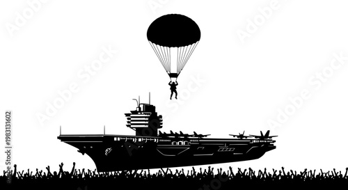 Parachutist Jumps Onto Aircraft Carrier Amidst Crowd Silhouette