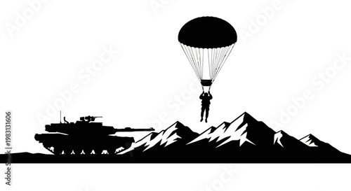 Paratrooper Descending Near Tank and Mountains - Military Airborne Operation Silhouette