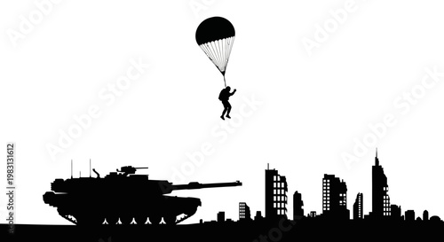 Paratrooper descending over city skyline with tank silhouette