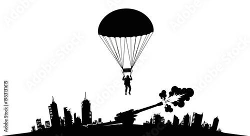 Paratrooper Descends Over Cityscape with Tank Firing