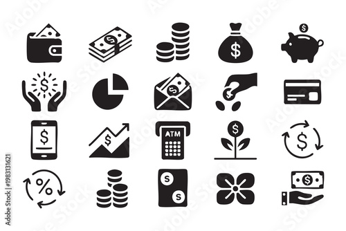 Payment system icons, finance money, credit card, ATM and digital transaction visuals