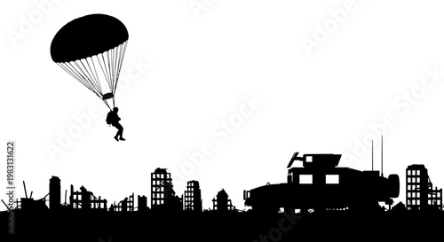 Paratrooper Descends on Ruined City with Military Vehicle Silhouette