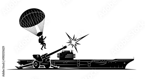 Paratrooper Jumps from Military Ship with Firing Cannon, War Concept