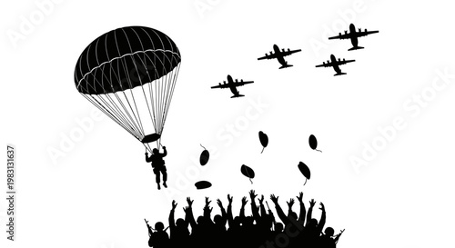 Paratrooper Jumps From Plane Above Crowd Cheering, Military Operation, Airborne Assault
