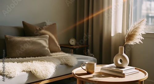 A cozy living room with a comfortable couch and a small wooden table
