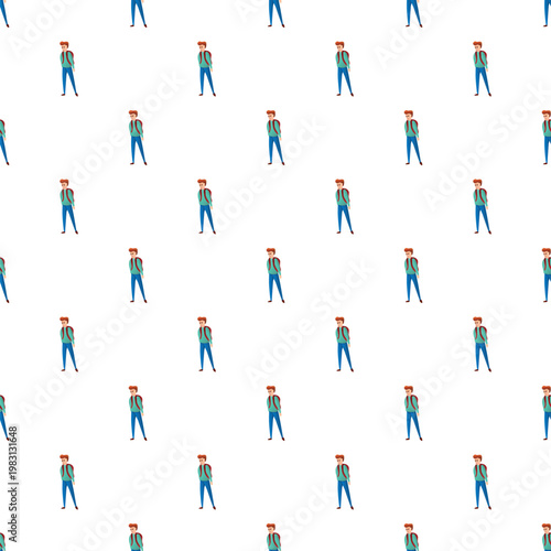 Student boy wearing a backpack forms a repeating pattern on white background