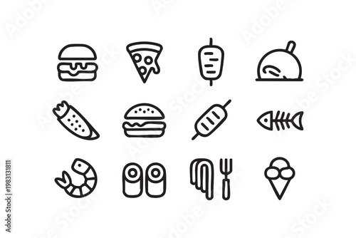 Fast food icons, restaurant menu items, meal collection and takeaway dining symbols